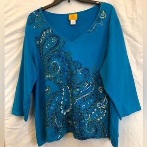 2X Ruby Rd. Teal Paisley V-Neck Long Sleeve Top 95% Cotton